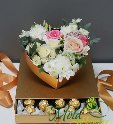 Golden heart-shaped box with flowers and Ferrero Rocher chocolates photo 394x433
